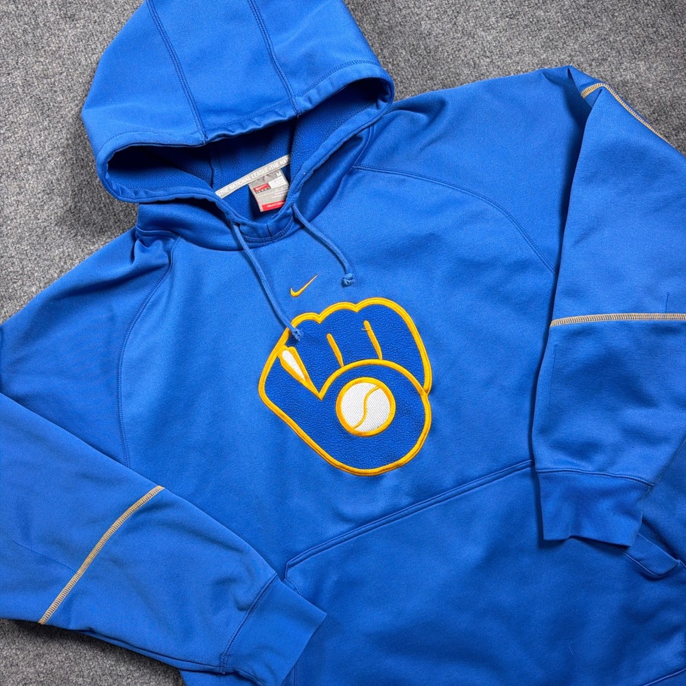 VTG Nike Team Hoodie Milwaukee Brewers Men M Blue MLB Therma-FIT Middle Swoosh